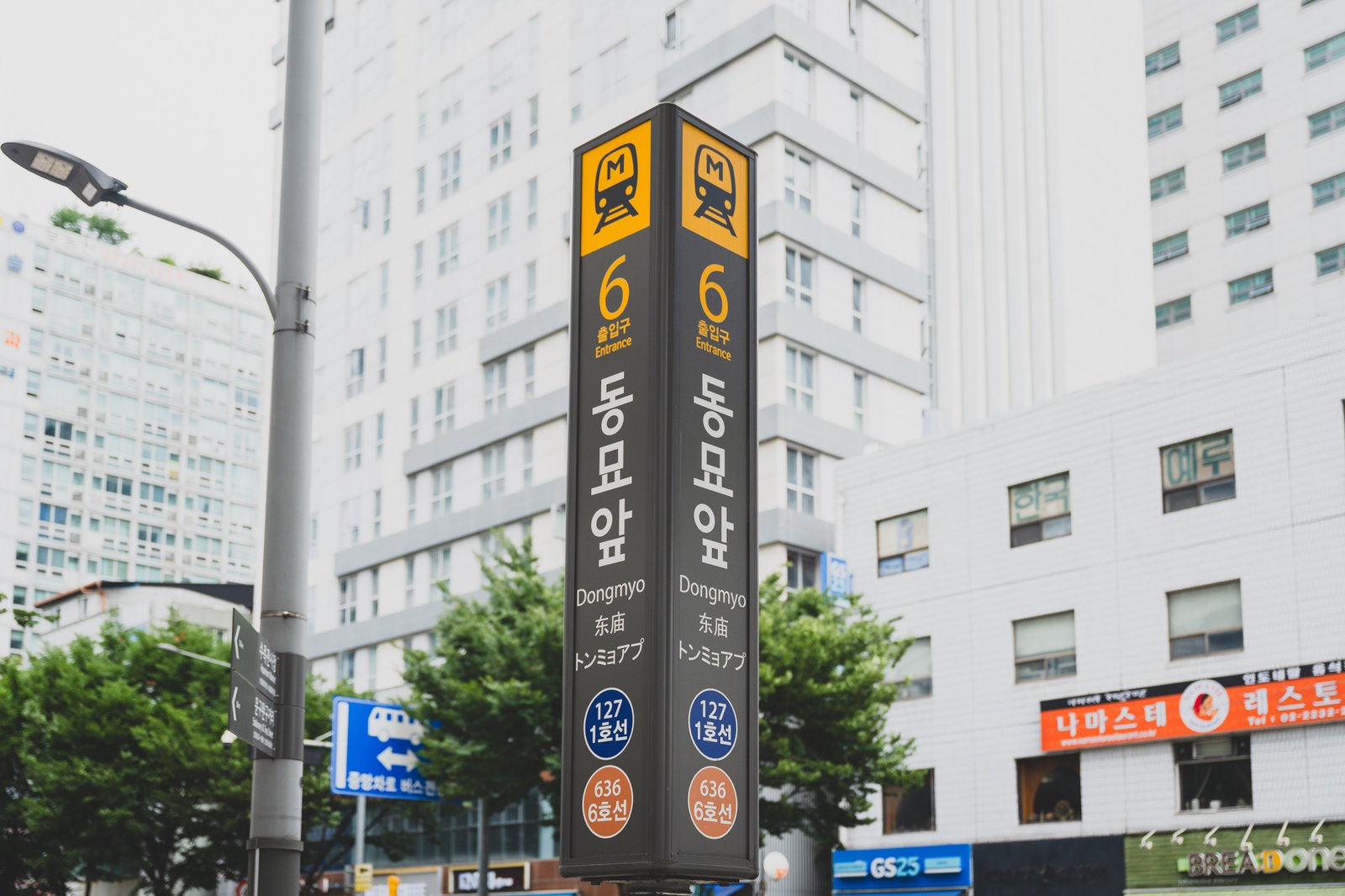 Dongmyo Station Exit 6 sign, marking the start of the toy and stationery district on the opposite side from the flea market