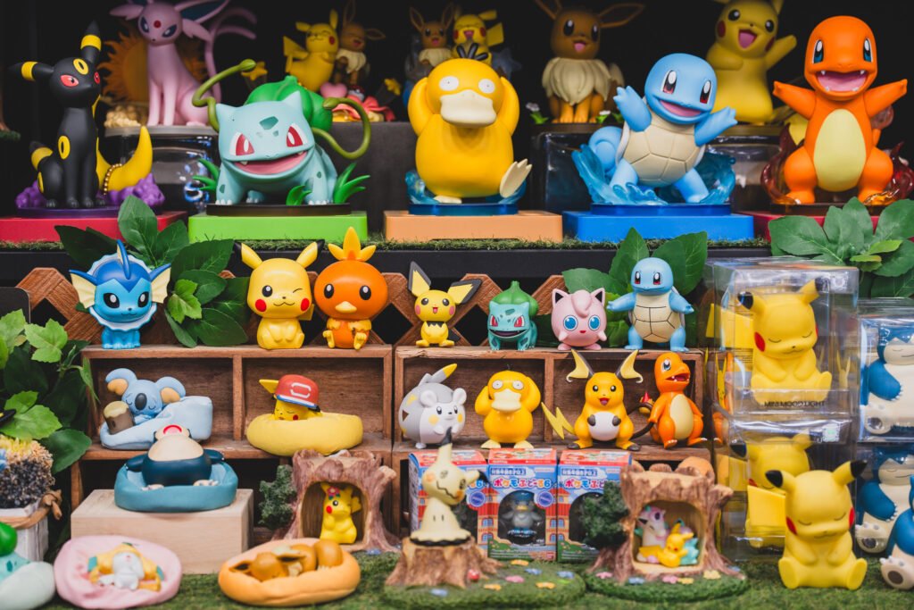 A Pokémon figure collection featuring Pikachu, Charmander, Squirtle, and Bulbasaur among others