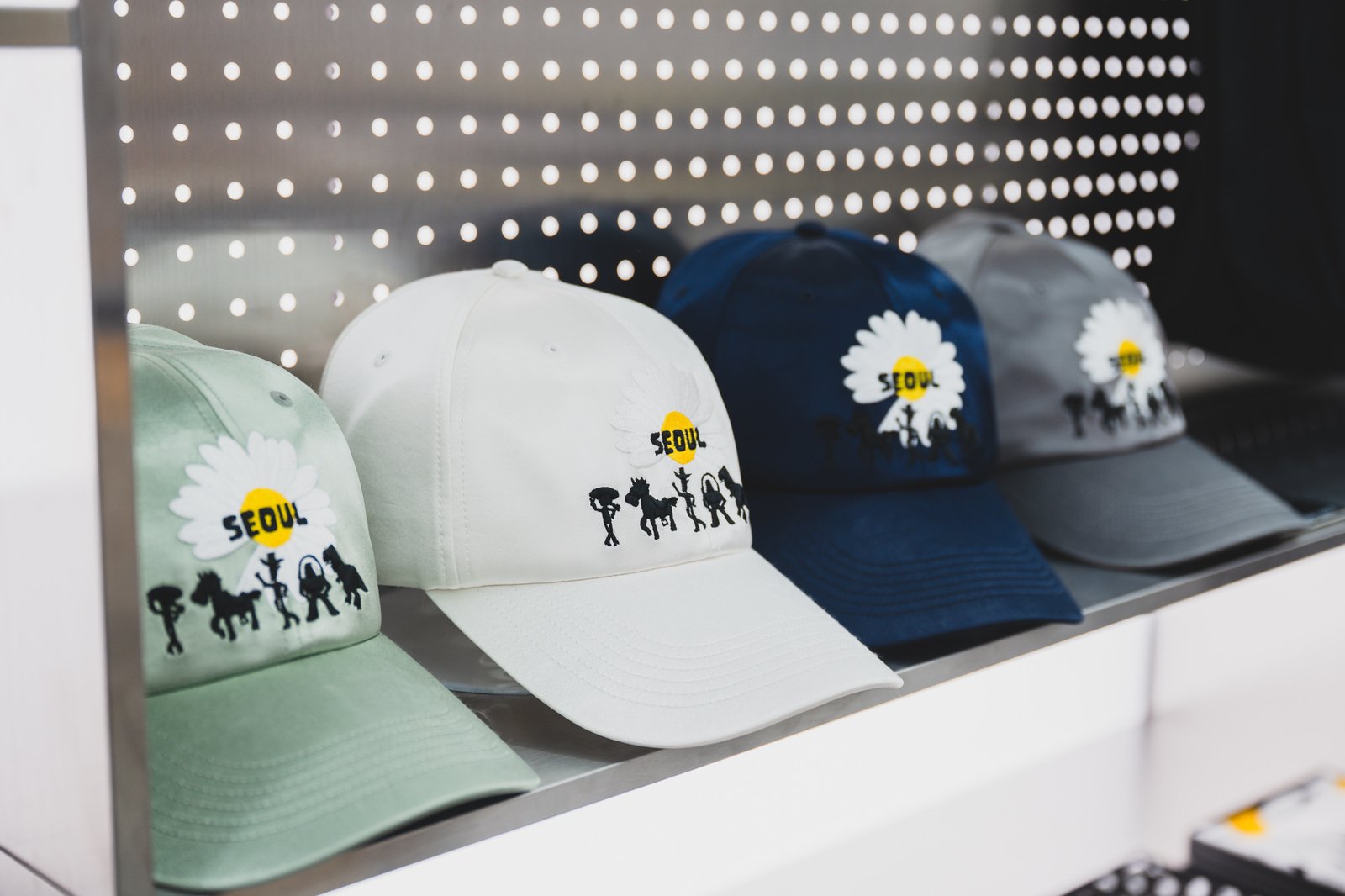 SEOUL-embroidered baseball caps displayed in several colorways