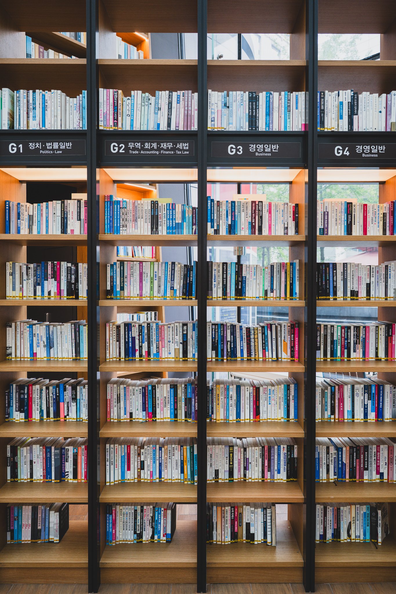 Bilingual category signs on the shelves reading "G1 Politics · Law," "G2 Trade · Accounting · Finance · Tax Law," and "G3/G4 Business," with books arranged underneath each section