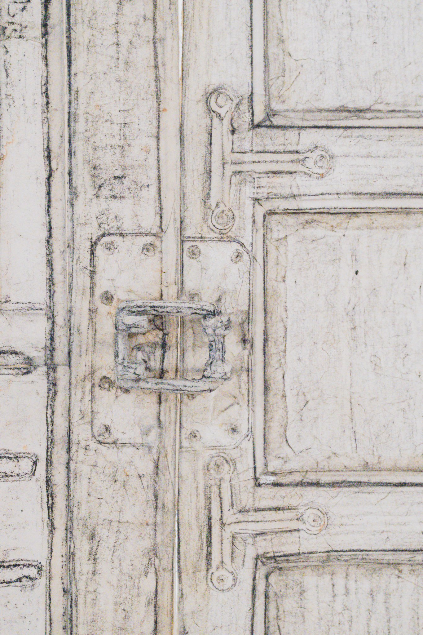 Extreme close-up thread drawing of an old hanok door's hinges and lock, wood grain and metal texture rendered in thread