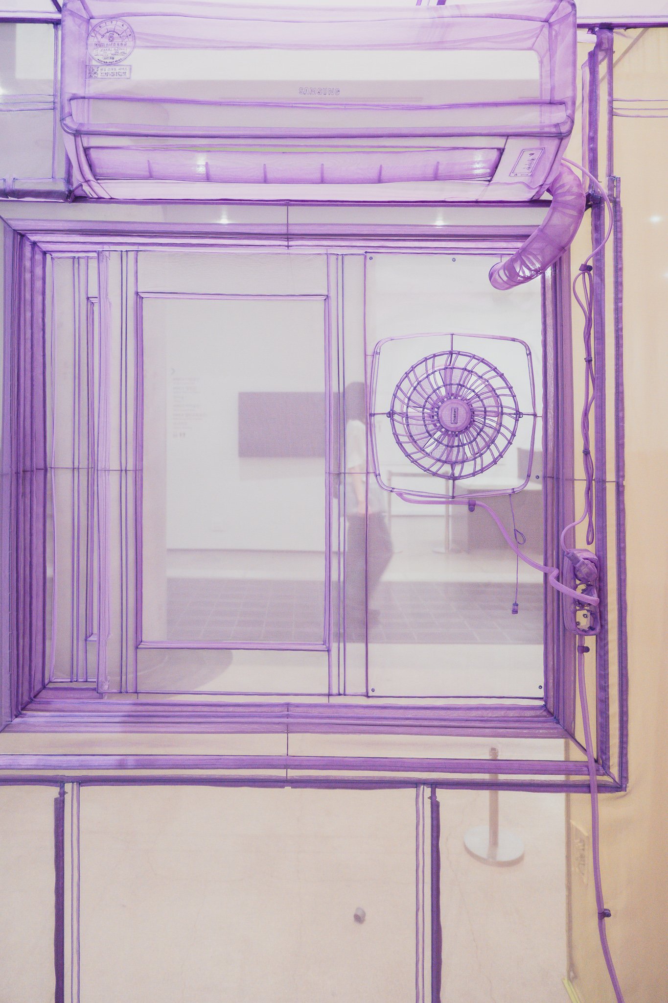 Lavender see-through fabric window recreation, complete with an air-conditioning unit, fan, and outlets rendered in full detail
