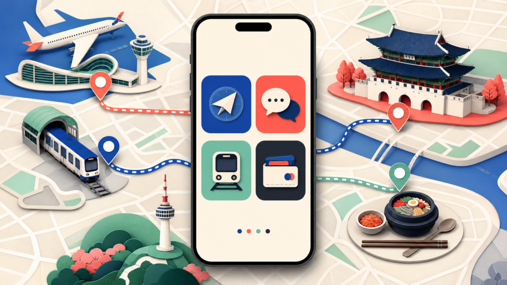 Illustration of a smartphone showing navigation, messaging, subway, and payment app icons overlaid on a map of Seoul with Gyeongbokgung and a subway line