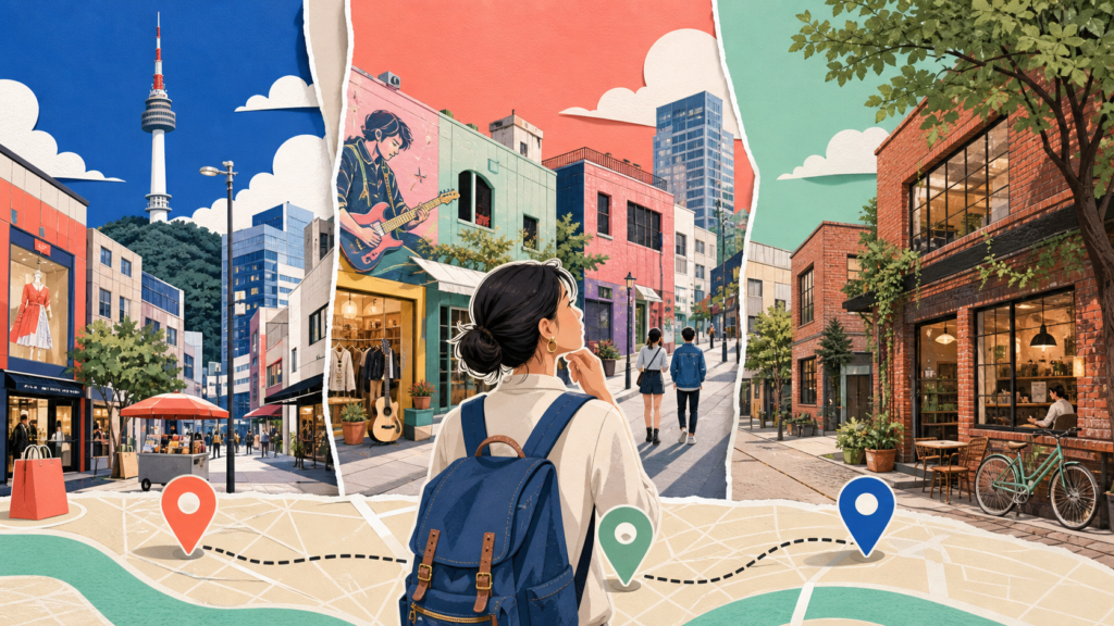 Illustration comparing Seoul neighborhoods to stay in, contrasting city skyline, hanok, and trendy cafe streets