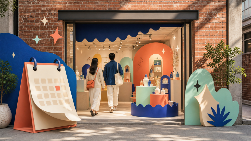 Illustration of a trendy Seoul pop-up store with a line of visitors and colorful branded displays