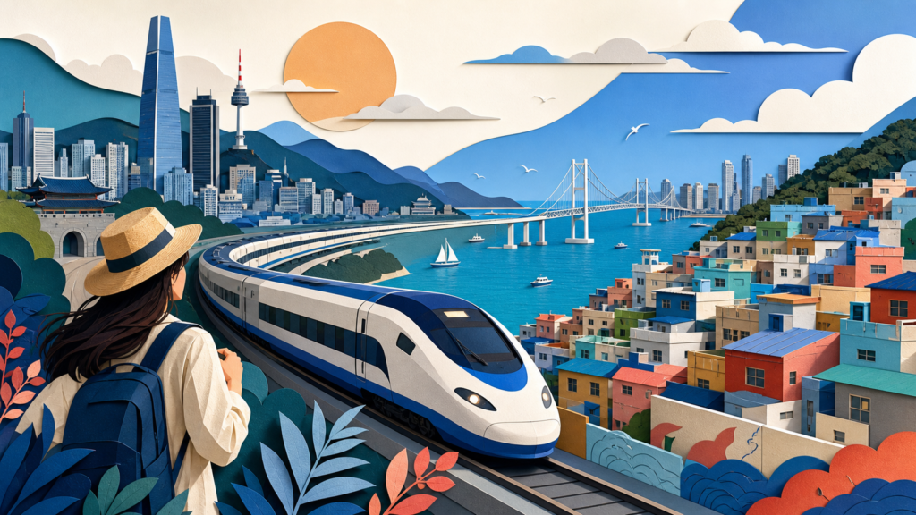Illustration of Busan coastal scenery with a KTX train connecting it to Seoul