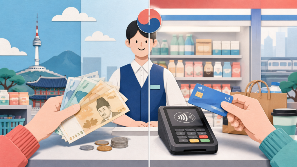 Split illustration comparing paying with Korean won cash versus a contactless card at a Seoul convenience store counter