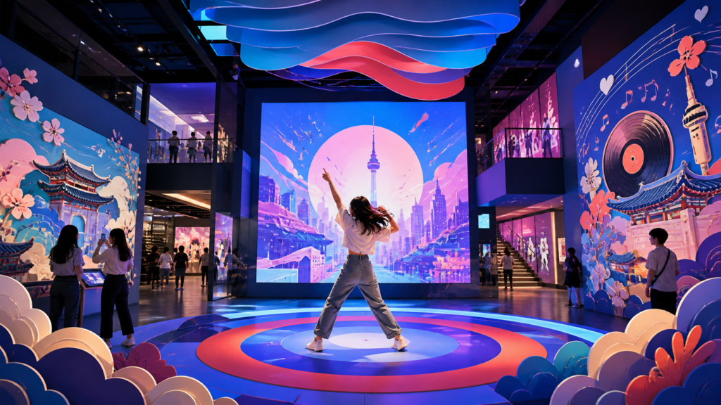 Illustration of a visitor striking a pose inside an immersive K-pop and K-drama experience hall with a giant video wall