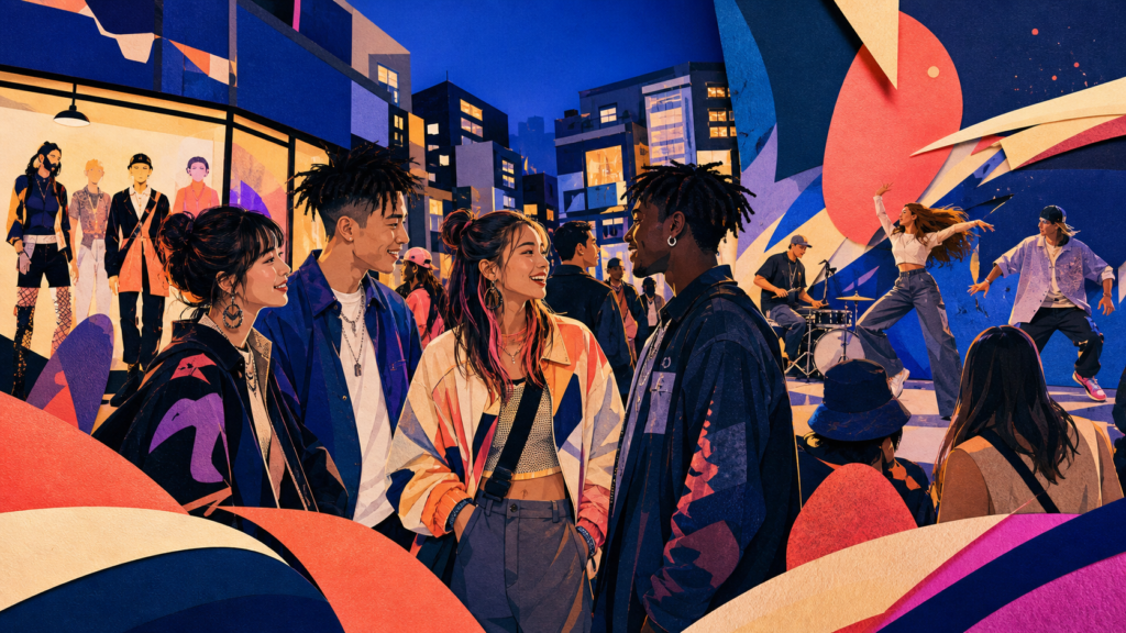 Colorful illustration of Hongdae street culture in Seoul with youth fashion, live music, and nightlife signage