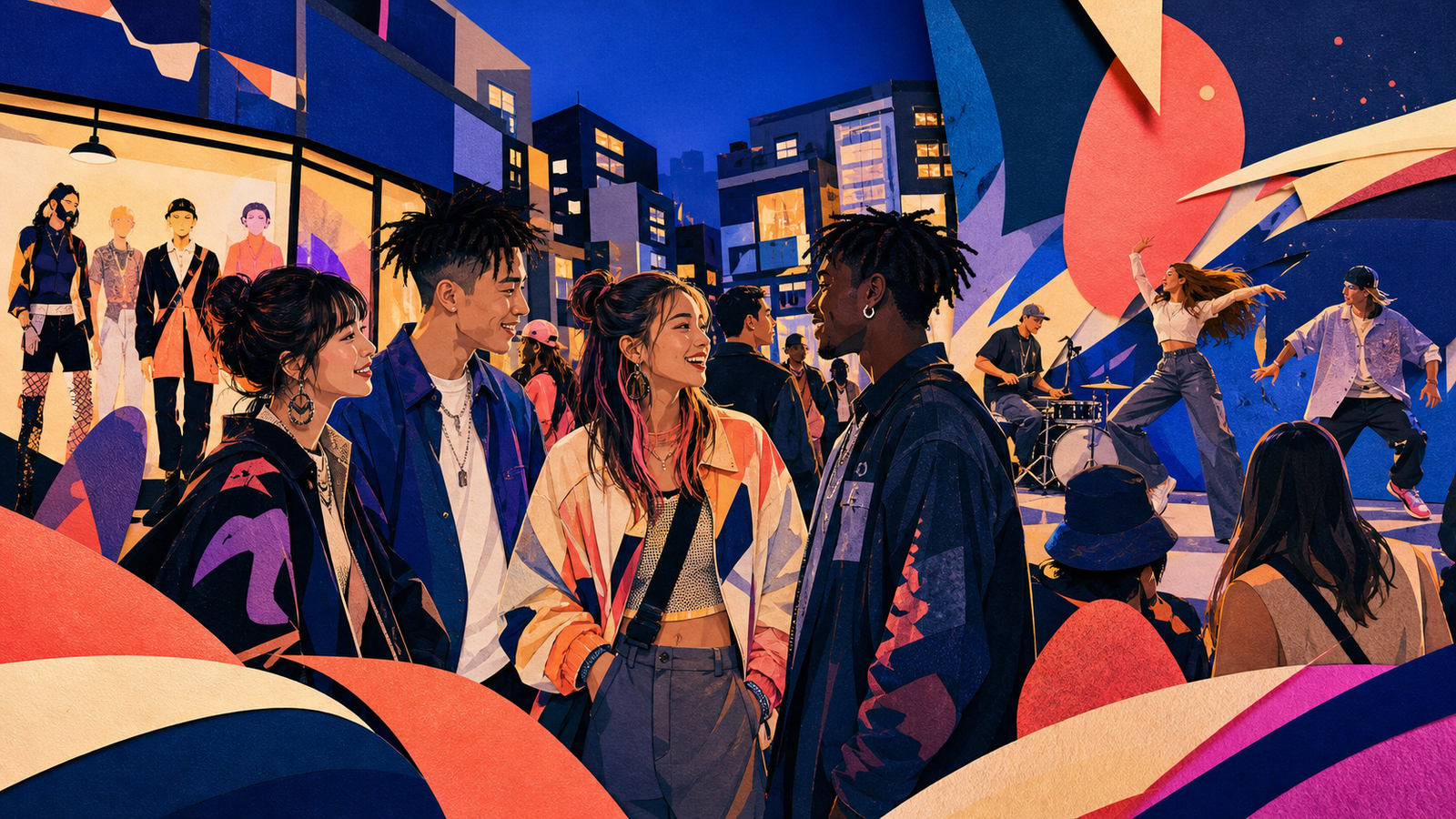 Colorful illustration of Hongdae street culture in Seoul with youth fashion, live music, and nightlife signage