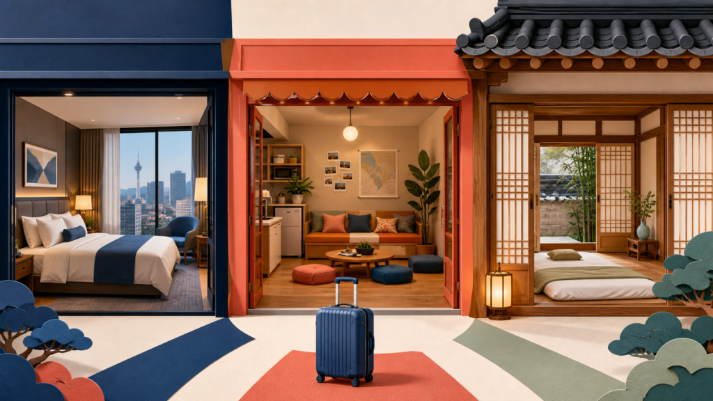 Side-by-side illustration of a modern hotel room, a cozy guesthouse living room, and a traditional hanok bedroom