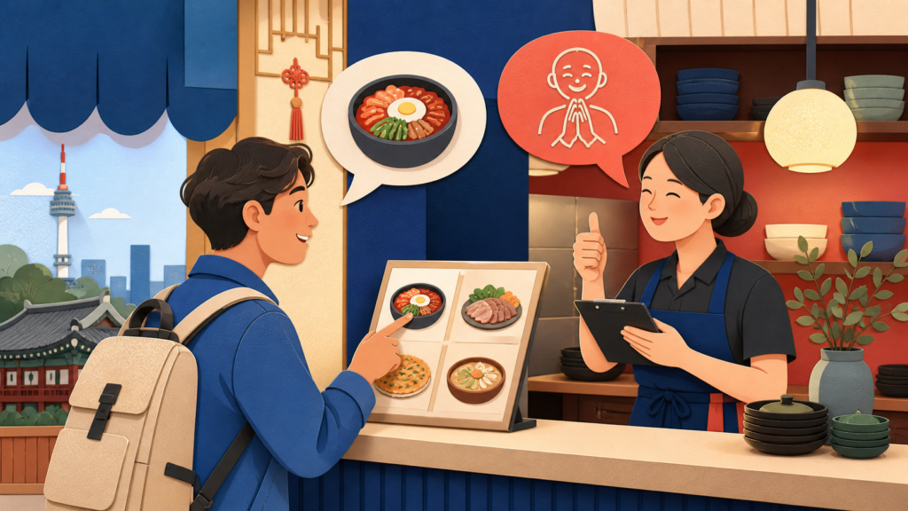 Illustration of a customer pointing at a Korean restaurant menu board while a smiling server takes the order