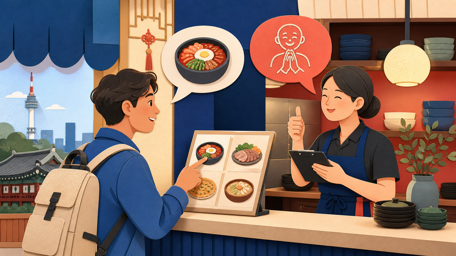 Illustration of a customer pointing at a Korean restaurant menu board while a smiling server takes the order