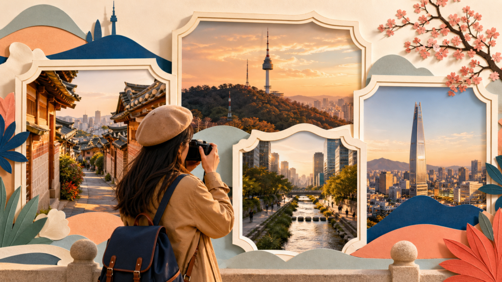 Illustration of a photogenic Seoul spot with a visitor taking a photo against a scenic backdrop