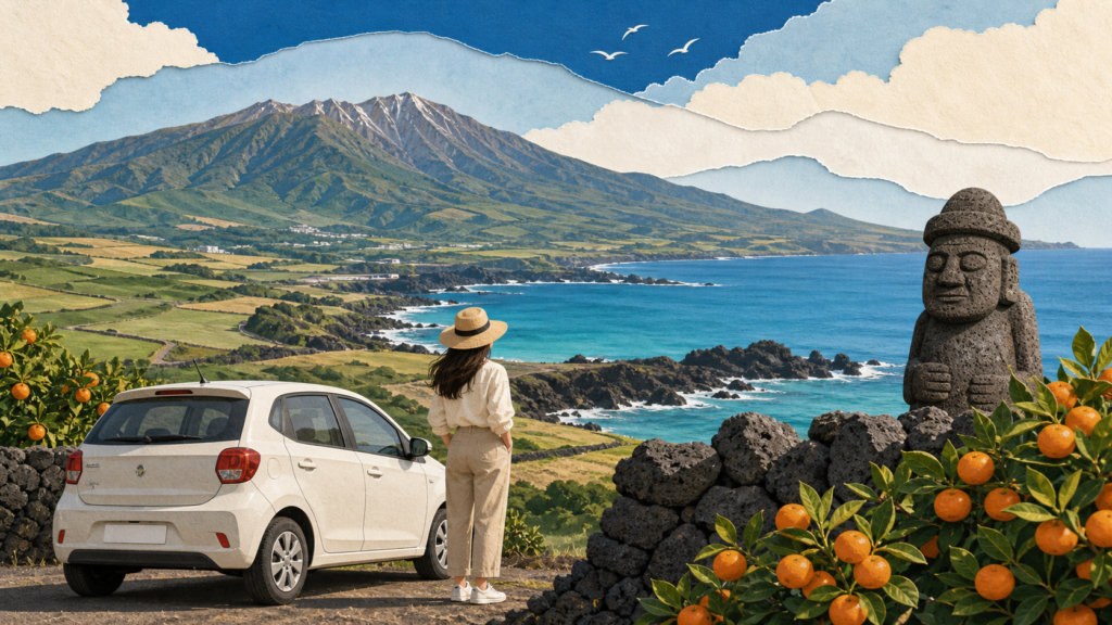 Illustration of a traveler with a rental car overlooking Jeju Island coastline with a dol hareubang stone statue and tangerine trees