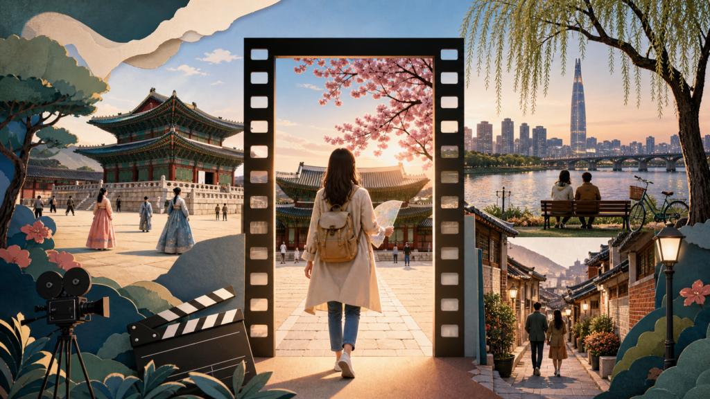 Illustration of a visitor exploring an iconic K-drama filming location in Seoul