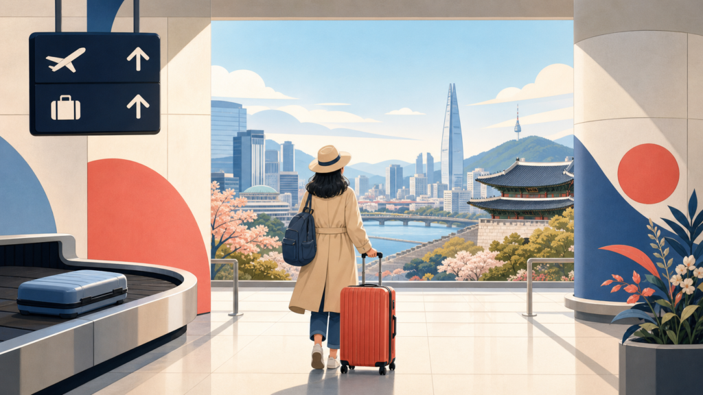 Illustration of a traveler with a suitcase arriving at a Seoul airport, with Lotte Tower and Gyeongbokgung Palace in the background
