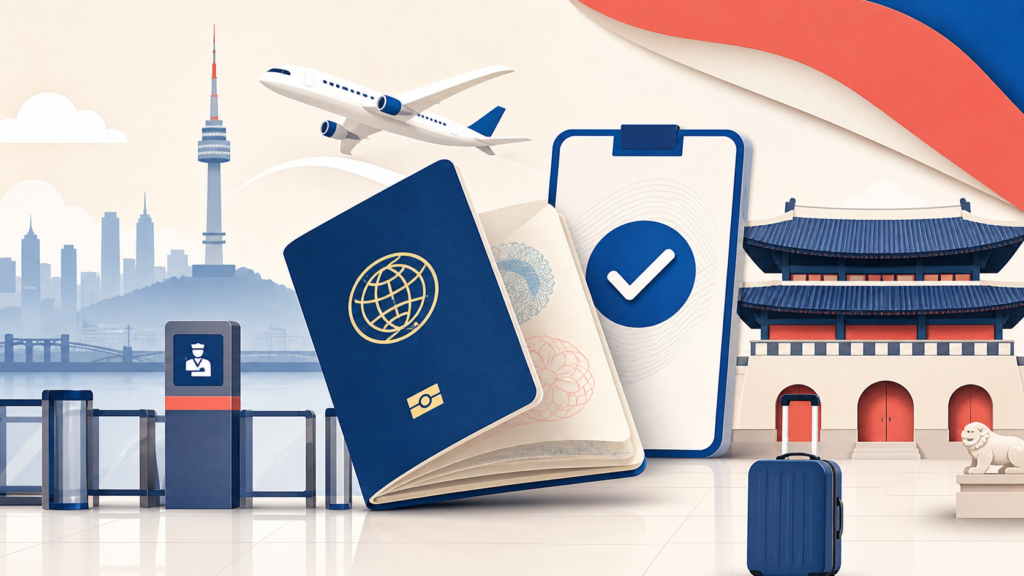 Illustration of a Korean passport, K-ETA approval checkmark, and Gwanghwamun Gate representing South Korea visa and K-ETA entry requirements