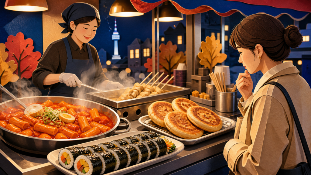 Illustration of a Korean street food stall at night with tteokbokki, gimbap, and hotteok, with Namsan Tower in the background