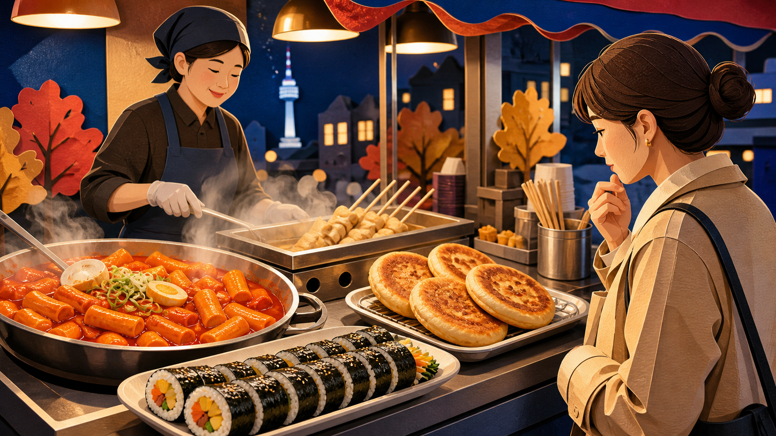 Illustration of a Korean street food stall at night with tteokbokki, gimbap, and hotteok, with Namsan Tower in the background