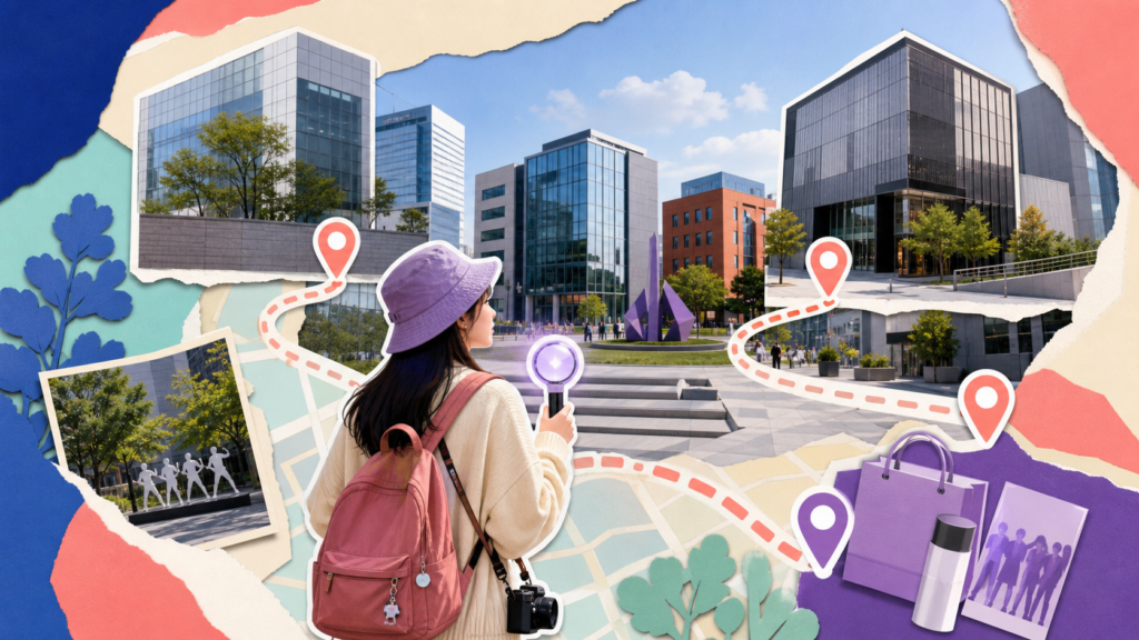 Illustration representing a K-pop agency tour experience in Seoul with fan photo zones and branding