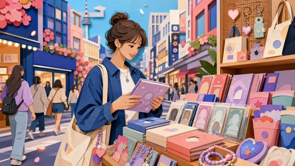 Illustration of a K-pop merchandise shop in Seoul with photocards, albums, and fan goods on display