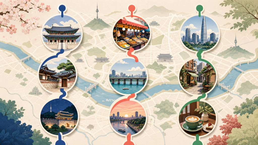 Illustration of a 3-day Seoul itinerary map with icons for palaces, food, and shopping stops