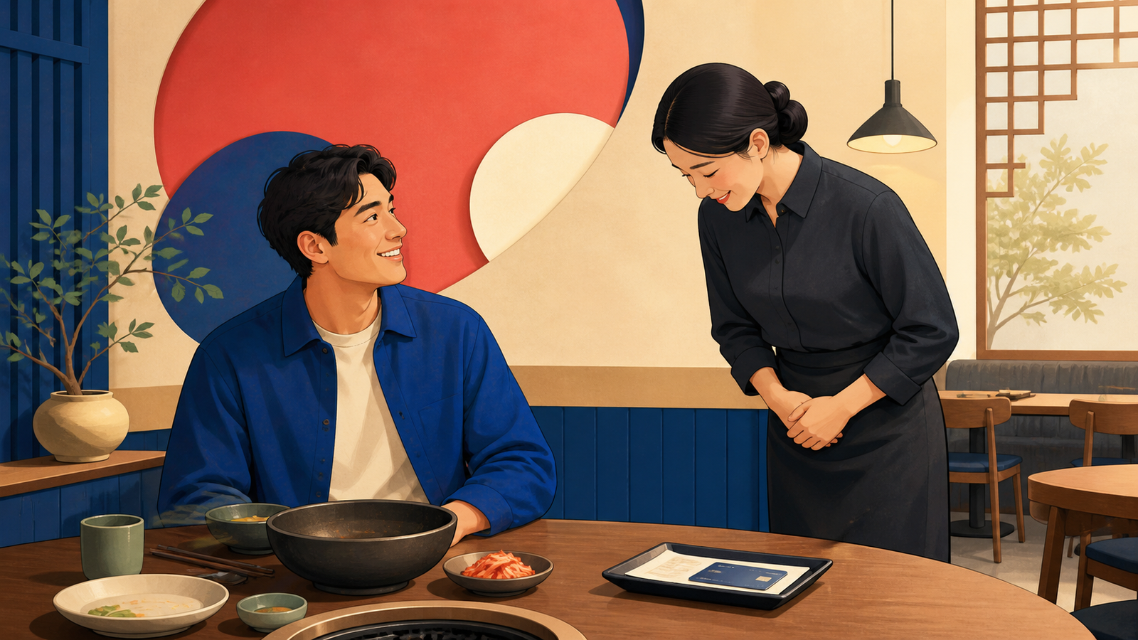 Illustration of a customer and a Korean restaurant server at a table with a payment tray, showing that tipping is not expected in Korea