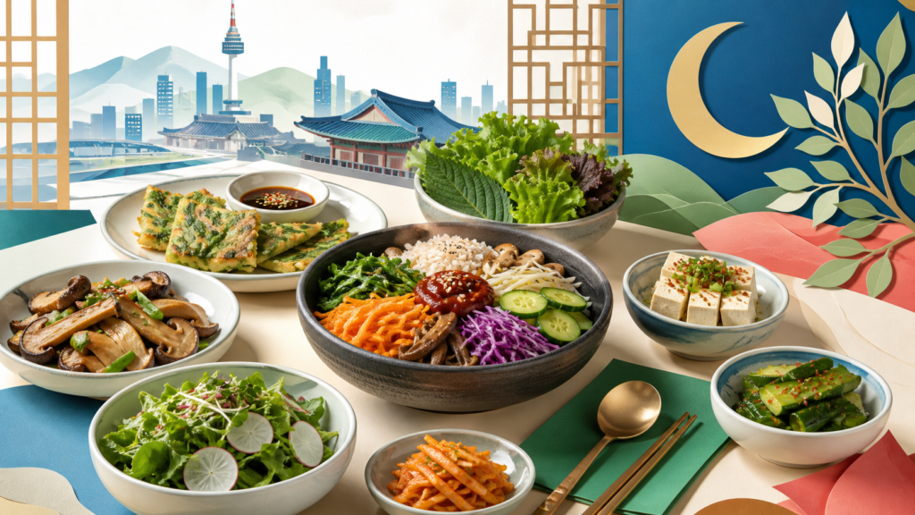 Illustration of a vegetarian Korean meal spread with bibimbap, tofu, and banchan, with a Seoul palace skyline in the background