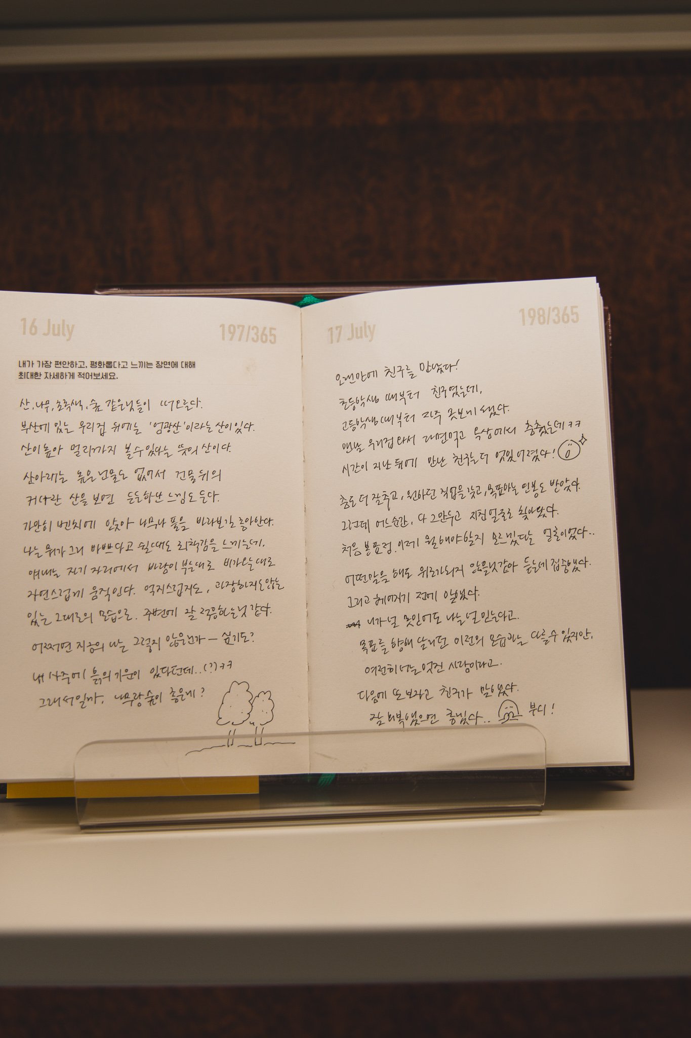 Inside pages of the HAPPIER 365 diary, with a handwritten answer to a printed daily prompt