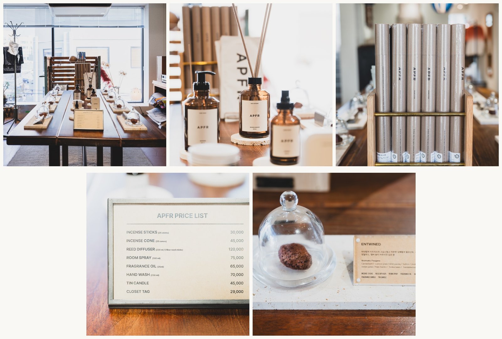 Collage of APFR products at AFTERNOMAD: the tasting table, hand wash and diffuser bottles, incense sticks, a printed price list, and a scent card for "ENTWINED"