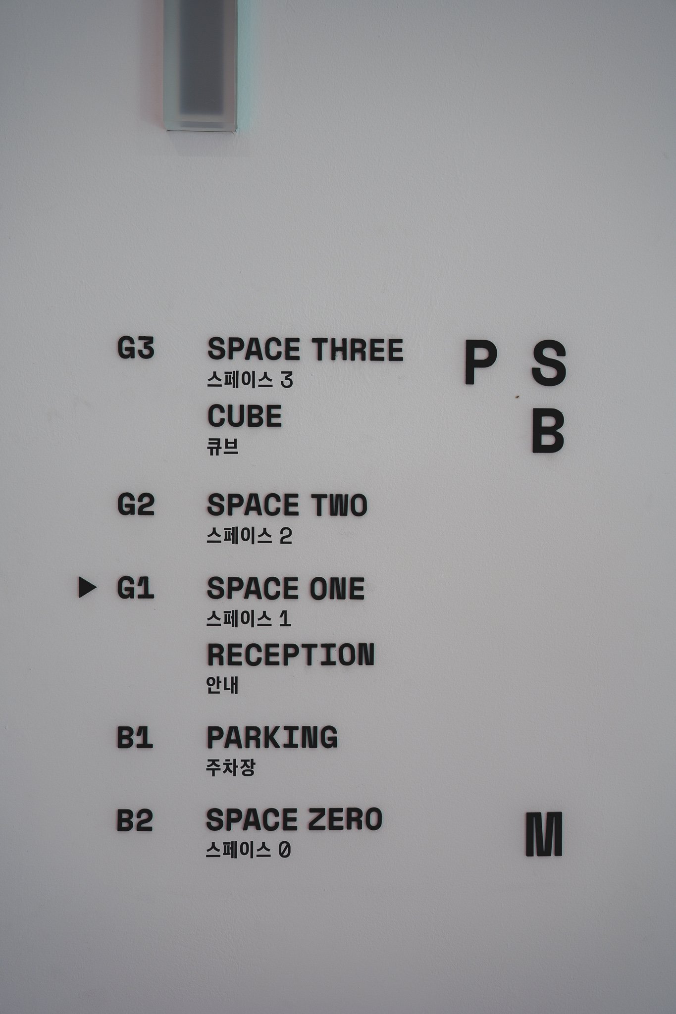 Floor directory sign listing B2 Space Zero, G1 lobby, G2 Space Two, G3 Space Three (Cube), and B1 parking