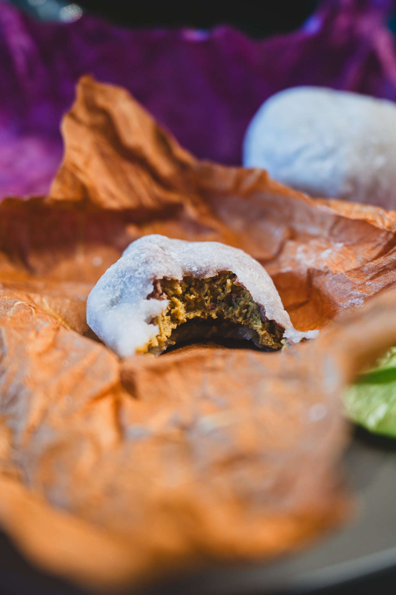 Cross-section of the Dubai-style chocolate mochi showing the shredded kunafa and chocolate filling