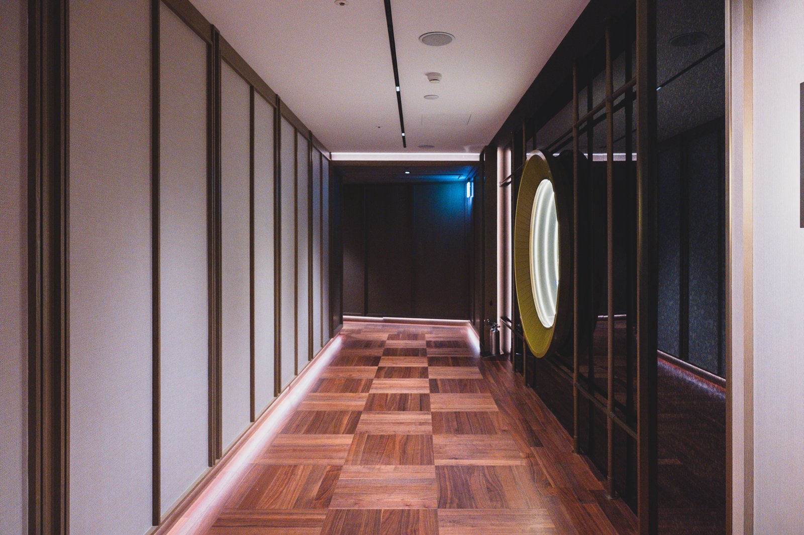 Corridor leading into the retail library space, with circular lighting fixtures