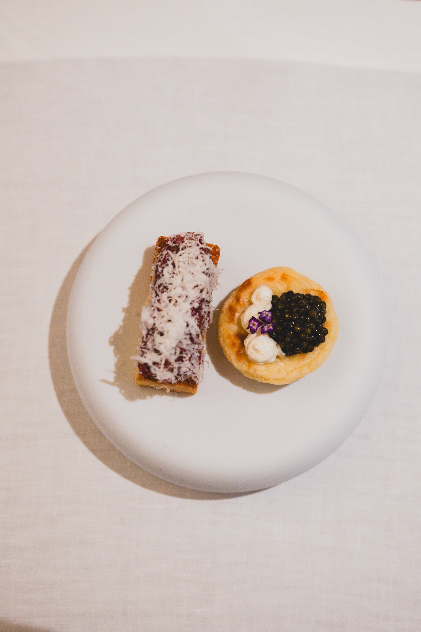 Caviar blini and beef tartare brioche, the first course