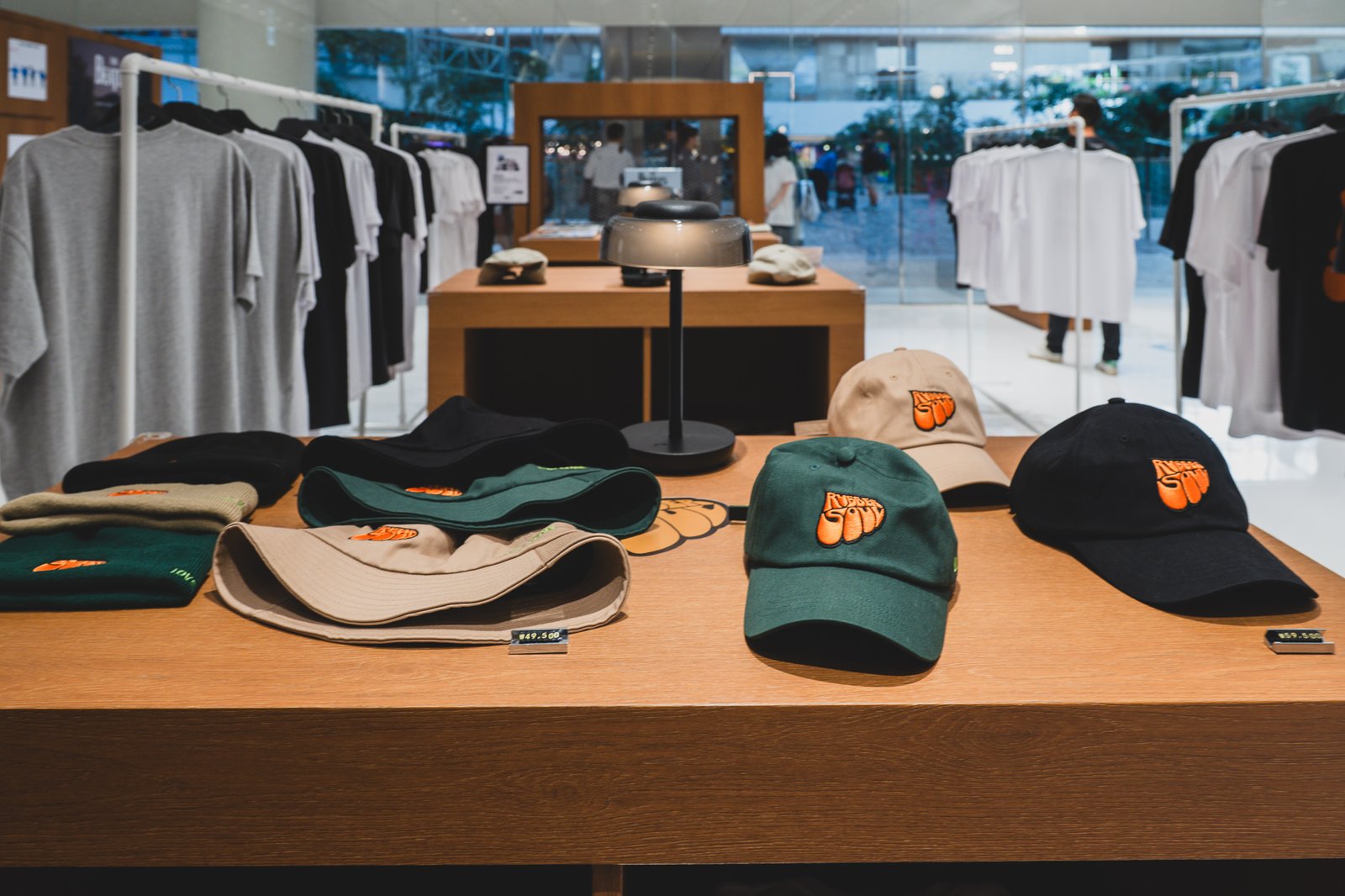 Rubber Soul-branded caps and beanies, priced at 49,500 KRW