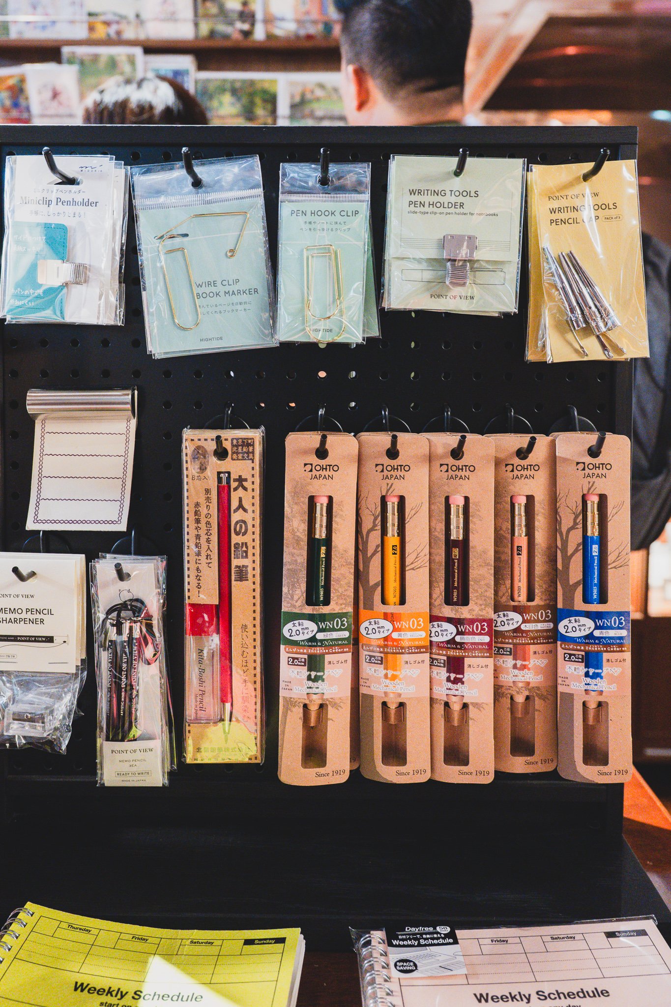 Wall-mounted display of pen clips, bookmark wire markers, and pencil sharpeners