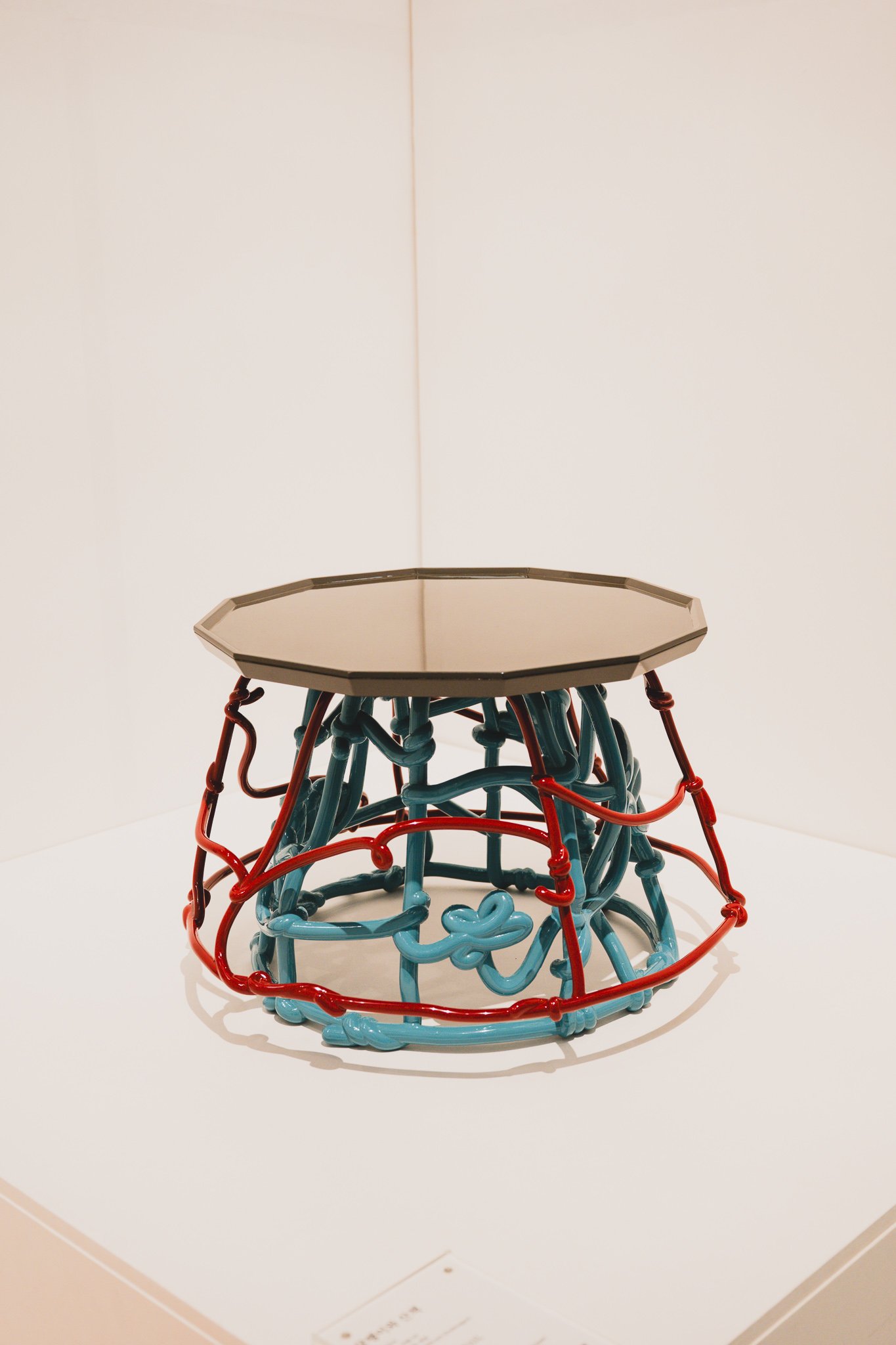 Taking My Snail For a Walk table with teal and red 3D-printed netted legs