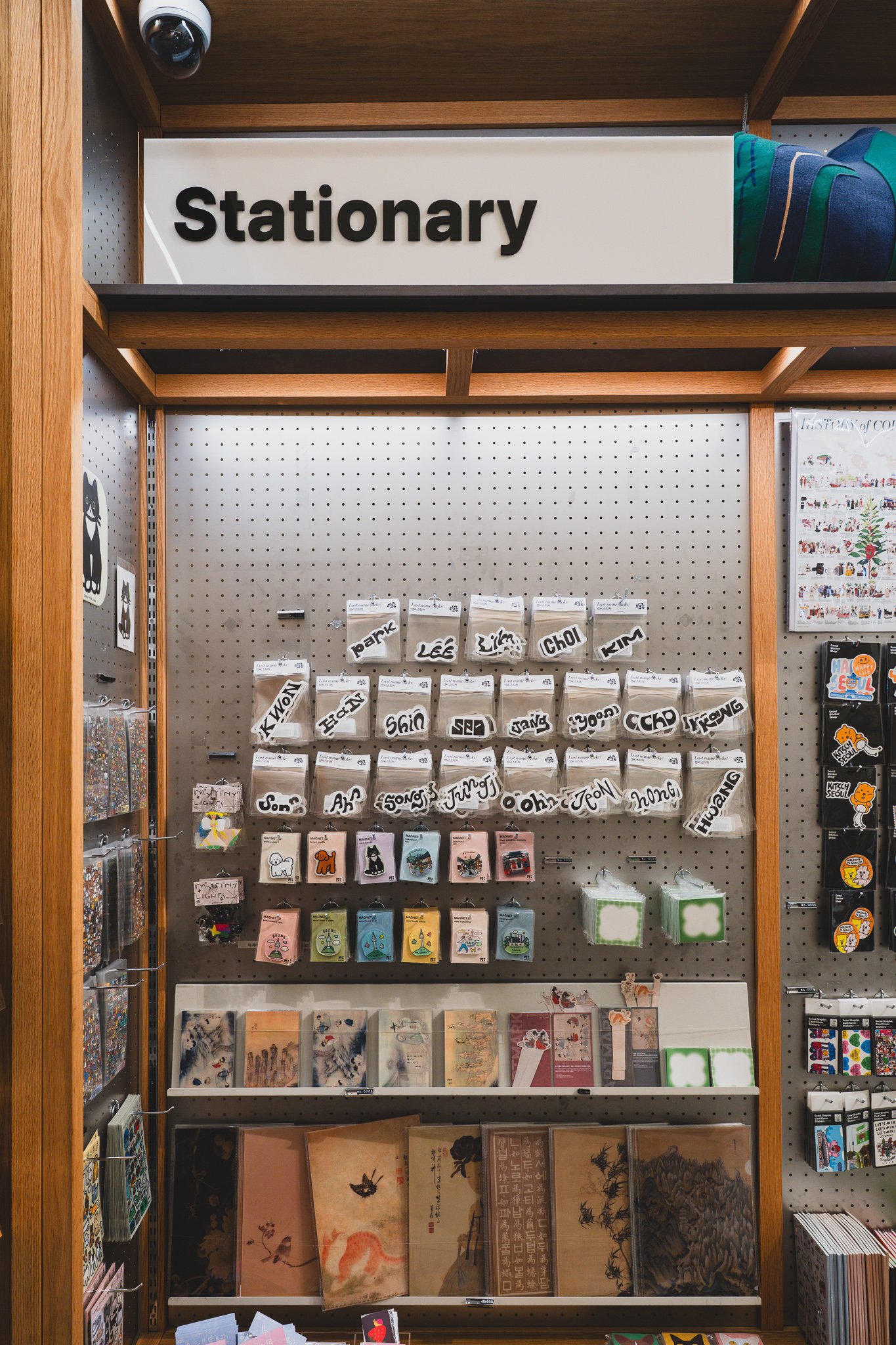 Stationary wall with Korean surname stickers hanging in rows, romanized as Park, Lee, Kim, Choi, and more