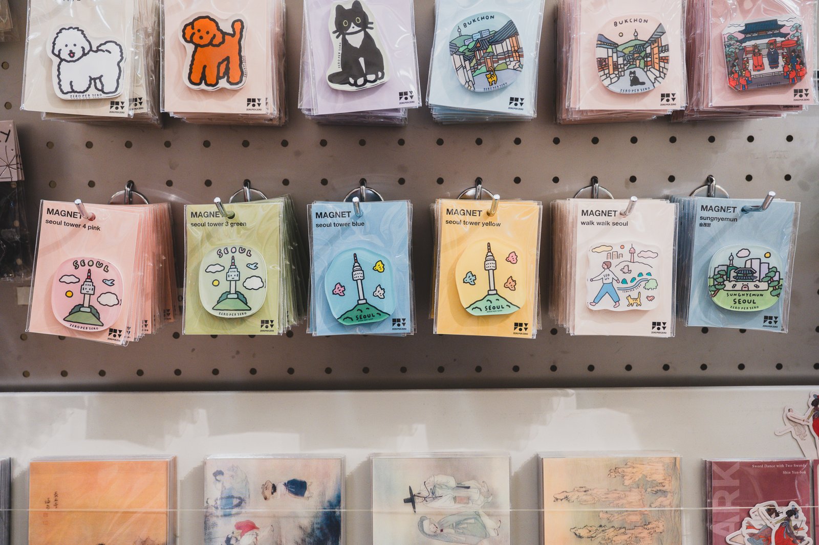 Zero Per Zero illustrated magnets and stickers of Seoul landmarks like Namsan Tower and Bukchon