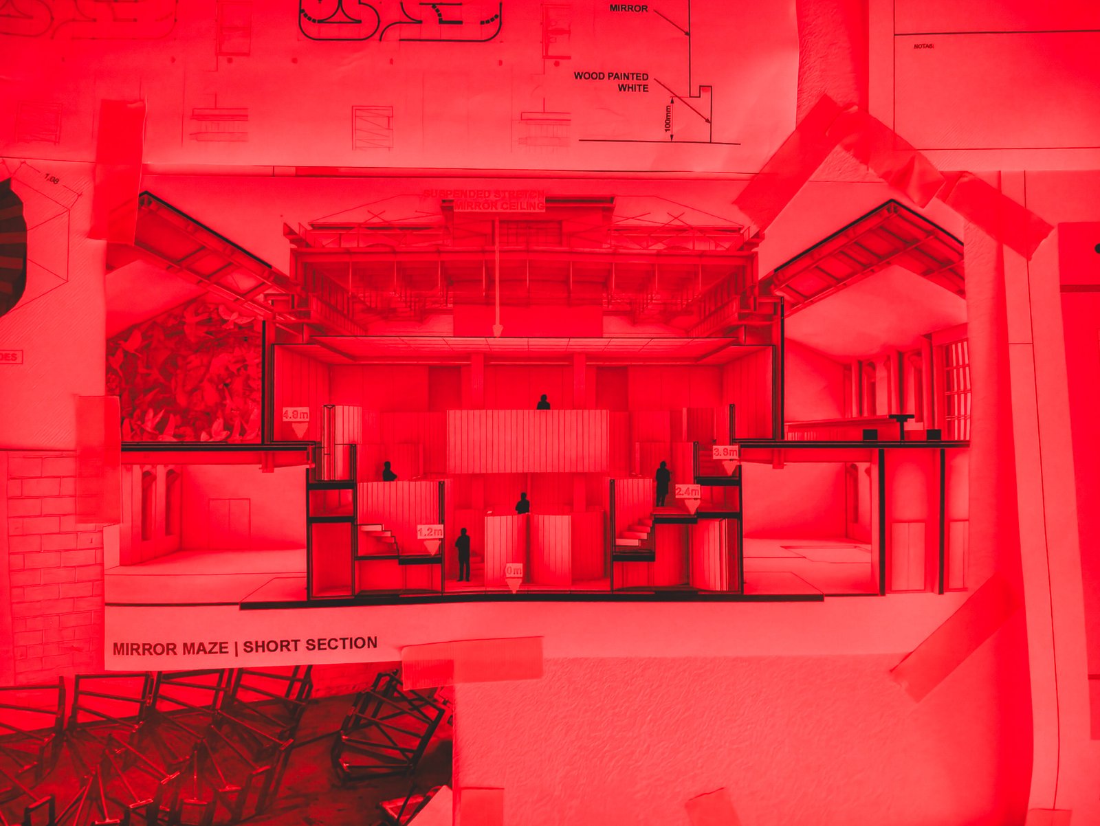 Close-up of an architectural cross-section labeled "Mirror Maze | Short Section"