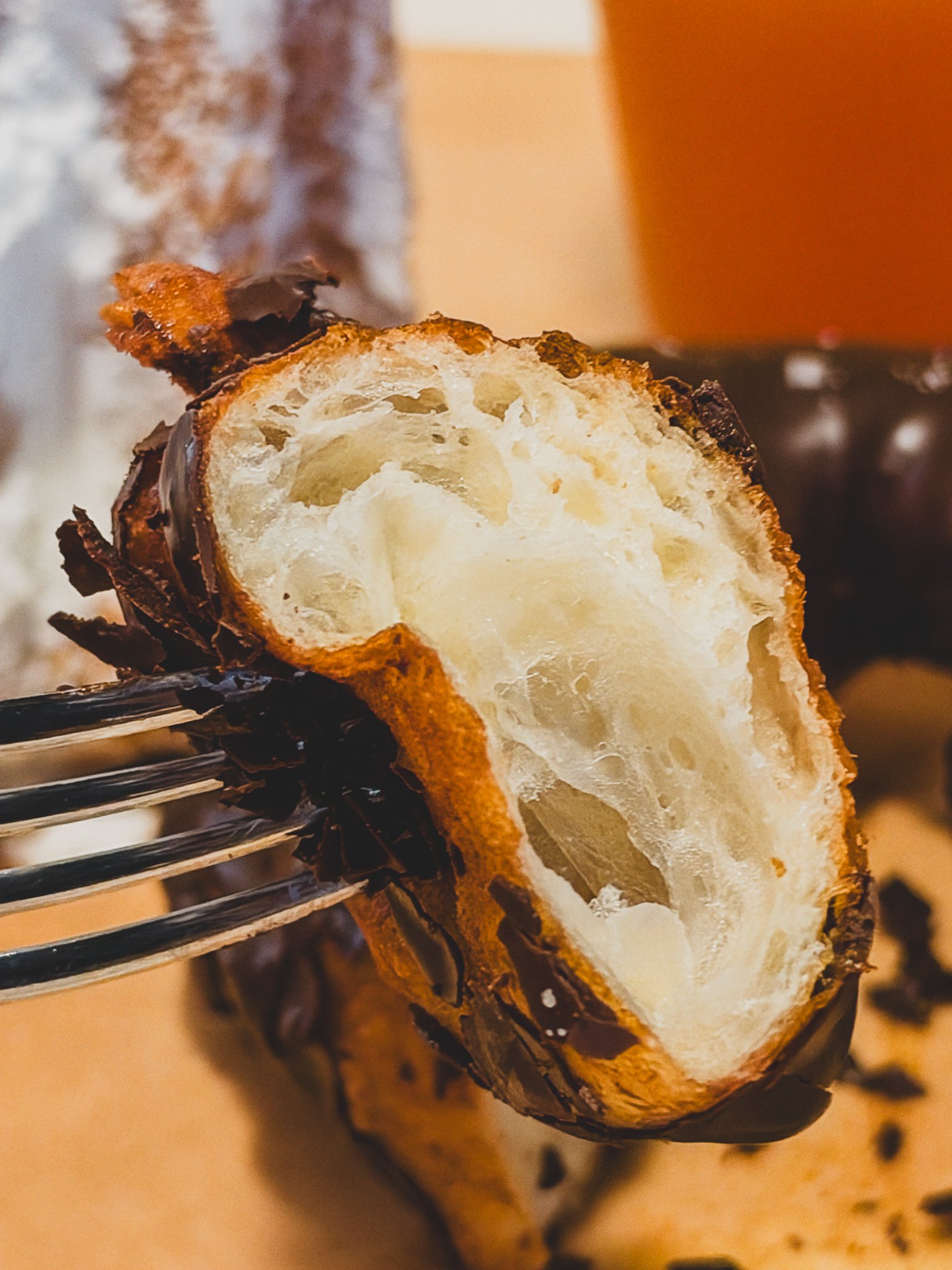 Cross-section of the chewy chocolate donut showing a dense interior